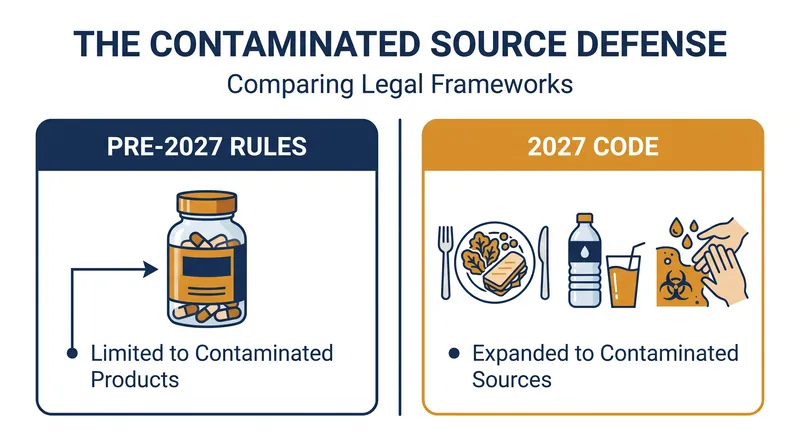 The 2027 Code expands the contamination defense to include food, drinks, and environmental exposure.