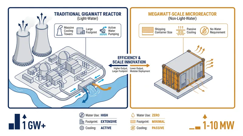 Unlike traditional light-water reactors, advanced microreactors utilize alternative coolants like sodium or gas, eliminating the need for massive water sources.