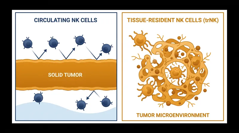 Unlike circulating immune cells, tissue-resident NK cells are biologically programmed to survive and function within the hostile microenvironment of a solid tumor.