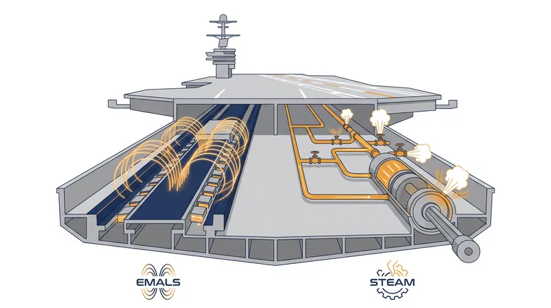 EMALS uses linear induction motors to accelerate aircraft, whereas legacy systems rely on high-pressure steam pistons.