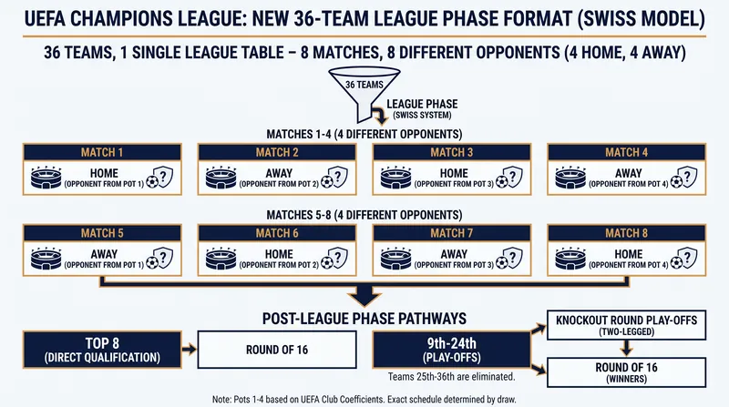 The traditional group stage has been replaced by a 36-team league phase where each club plays eight different opponents.