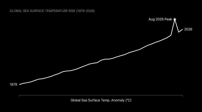 Global sea surface temperatures have trended upward for decades, culminating in the 21.1°C record.