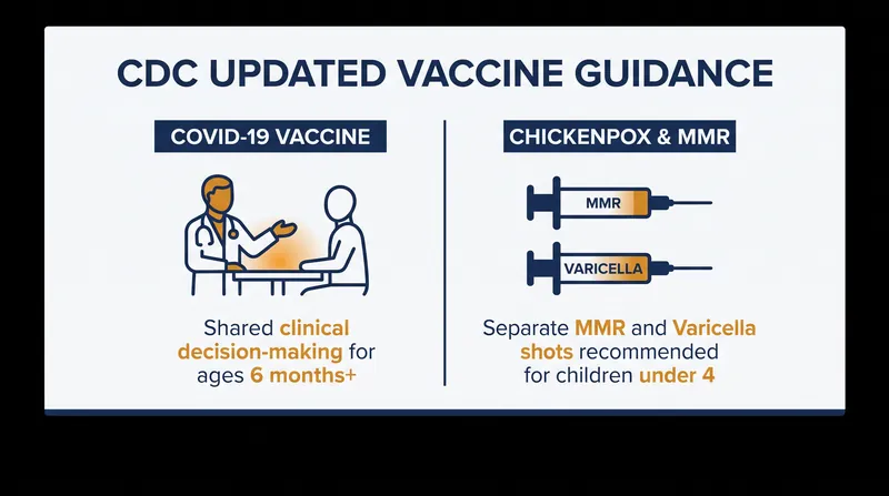 Summary of the newly adopted ACIP recommendations for COVID-19 and childhood immunizations.