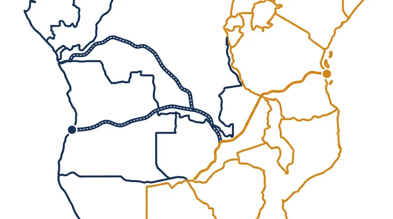 The competing infrastructure routes: the Western-backed Lobito Corridor flows west to the Atlantic, while the Chinese-backed TAZARA railway flows east to the Indian Ocean.