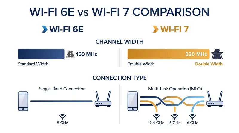 Wi-Fi 7 doubles the maximum channel width to 320 MHz and introduces simultaneous multi-band connections.