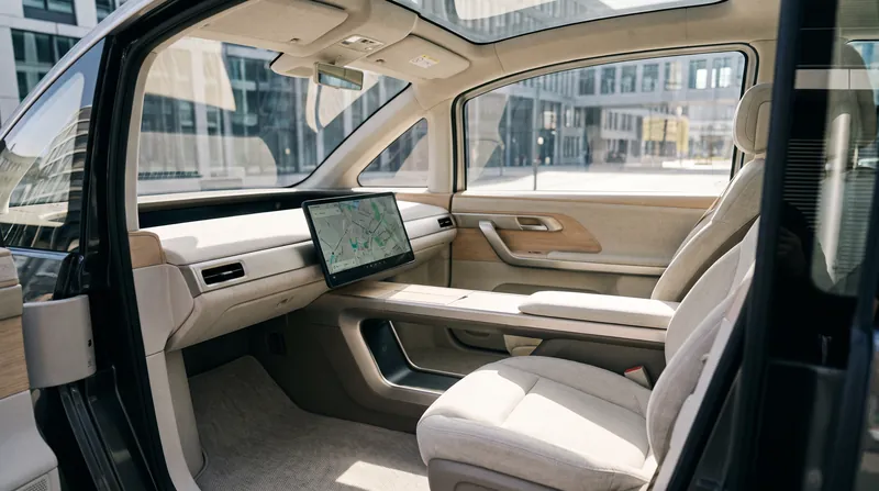 The Cybercab's interior strips away all manual driving controls, relying entirely on autonomous software.
