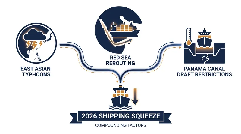 The global shipping network is facing simultaneous pressure from weather events, geopolitical conflict, and drought.