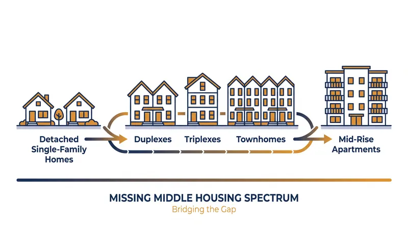 Missing middle housing refers to multi-unit structures that fall between single-family homes and large apartment complexes.