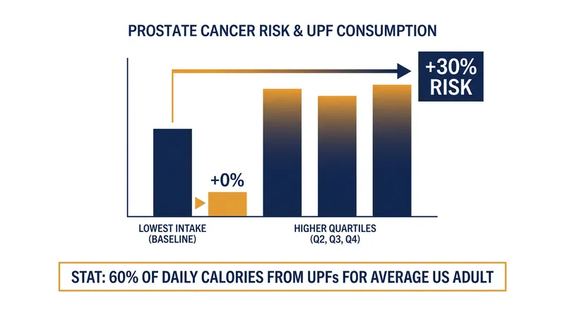 Men consuming more than 44% of their calories from ultra-processed foods showed the highest risk jump.