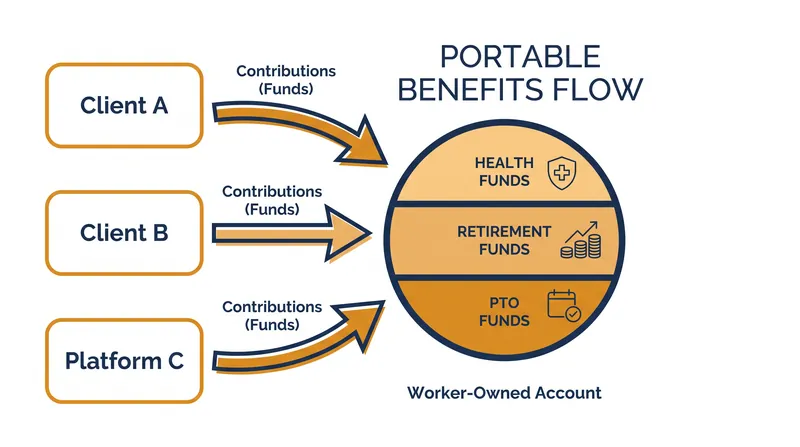 Portable benefits accounts belong to the worker and can receive contributions from multiple clients.