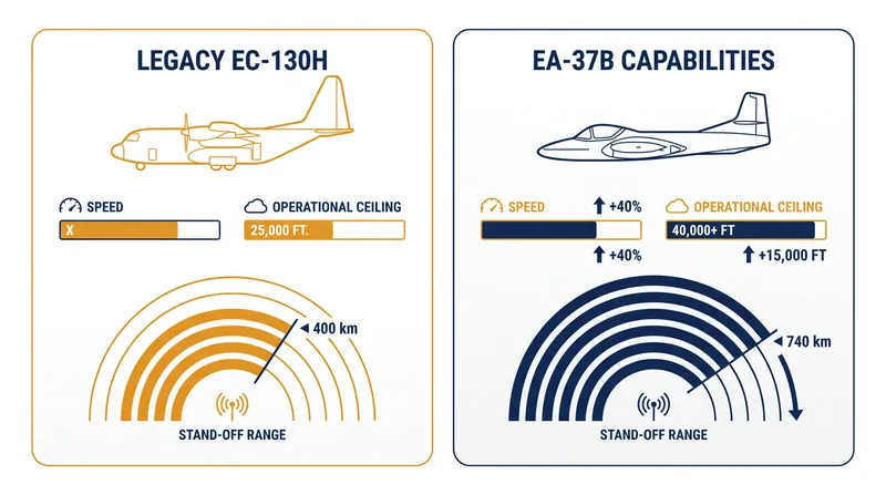 The Gulfstream-based EA-37B flies significantly higher and faster than the turboprop EC-130H it replaces.