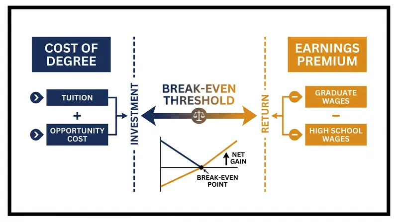 The new ROI math requires degrees to out-earn a high school diploma fast enough to cover both tuition and lost wages.