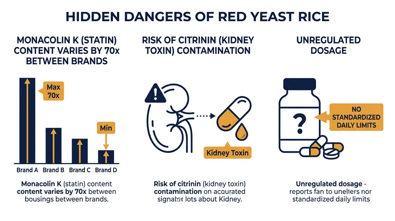 Red yeast rice supplements often contain wildly varying doses of unregulated statins and potential toxins.