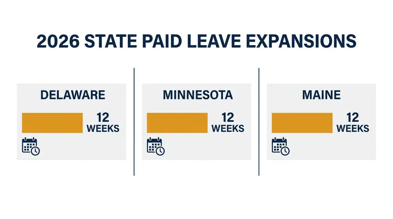 Delaware, Minnesota, and Maine all launch comprehensive Paid Family and Medical Leave programs in 2026.
