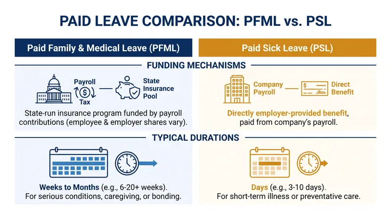 While PFML is typically funded by payroll taxes for extended absences, paid sick leave is employer-funded for short-term needs.