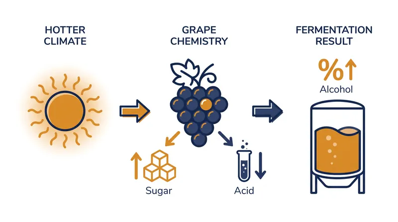 How hotter growing seasons alter grape chemistry and increase the final alcohol content of wine.