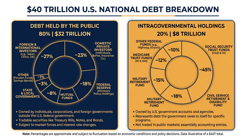 Roughly 80 percent of the national debt is held by the public, while the remainder is owed to internal government trust funds.