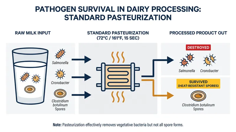 Unlike common heat-sensitive bacteria, botulism spores can survive standard milk pasteurization processes.