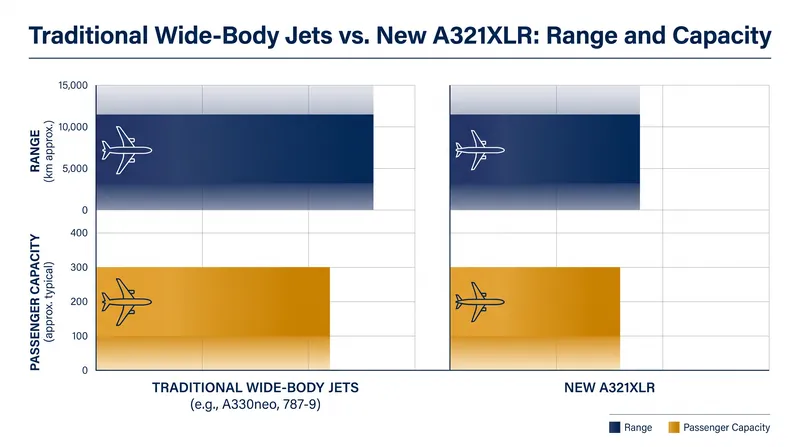 The A321XLR changes route economics by offering long-haul range with half the passenger capacity.