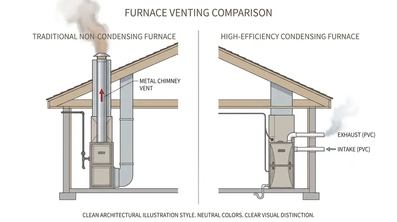 Condensing furnaces require specialized PVC venting to handle acidic exhaust byproducts.
