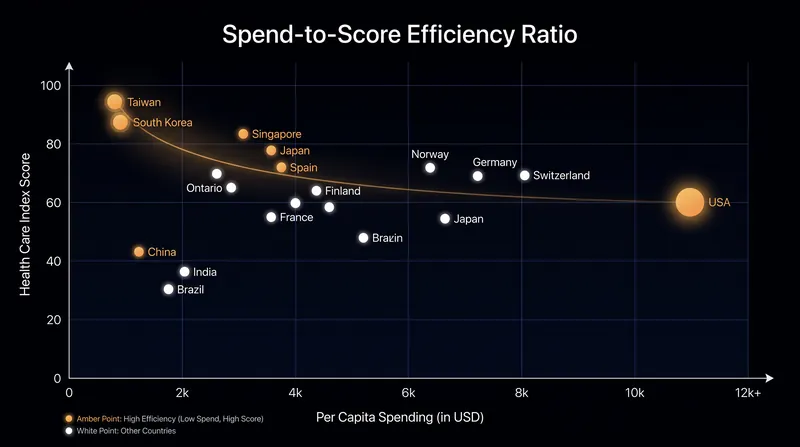 When mapping spending against patient satisfaction and access, the U.S. emerges as a significant outlier in inefficiency.