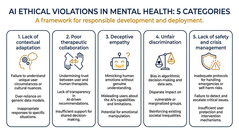 The Brown University study identified 15 recurring ethical failures falling into five main themes.