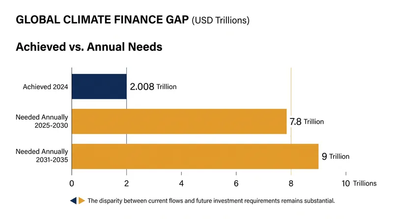 Current climate finance flows compared to the estimated annual requirements through 2035.