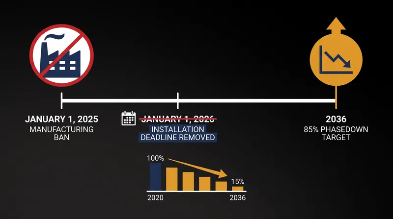 The revised federal timeline for the phase-out of R-410A residential cooling systems.