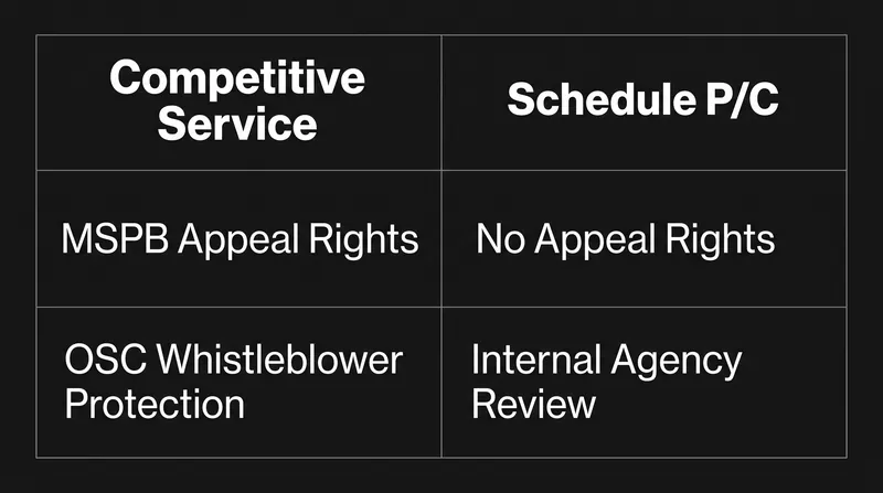 A comparison of due-process and whistleblower protections before and after reclassification.