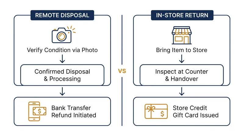 Consumers can choose between a remote ACH transfer or an in-store return for their remedy.