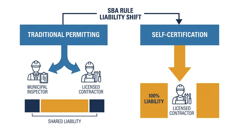Self-certification shifts the legal burden of code compliance entirely onto the builder.