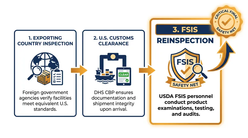 Imported meat must clear multiple hurdles before reaching U.S. shelves; the recent recall was triggered by a failure at the final FSIS checkpoint.