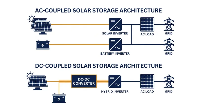 DC-coupled systems share a single inverter, reducing energy lost to heat during conversion.