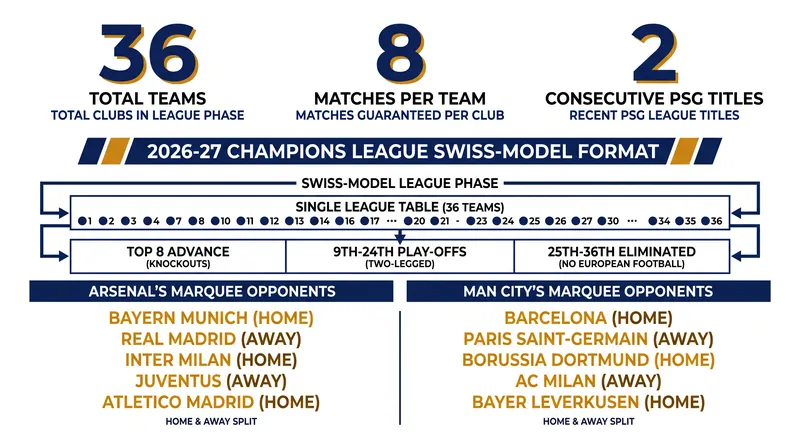 The marquee matchups awaiting Arsenal and Manchester City in the 2026-27 league phase.