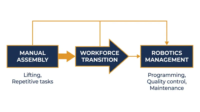 As factories automate, the workforce transitions from manual labor to technical management.