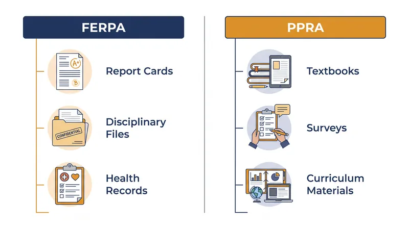 FERPA governs access to individual student records, while PPRA governs access to curriculum and surveys.