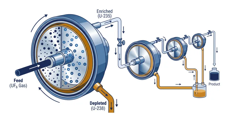 Gas centrifuges spin at high speeds to separate the heavier U-238 isotopes from the lighter, fissile U-235 isotopes.