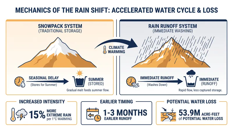 The transition from snow to rain fundamentally alters the timing and volume of mountain water storage.