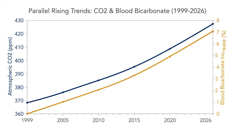 Human blood bicarbonate levels have risen in lockstep with atmospheric carbon dioxide concentrations over the past 25 years.