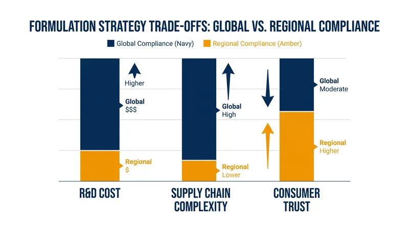 The logistical trade-offs of global versus regional formulation strategies.