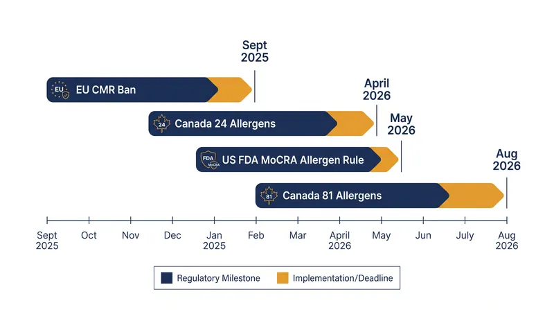 The staggered timeline of global cosmetic regulations.