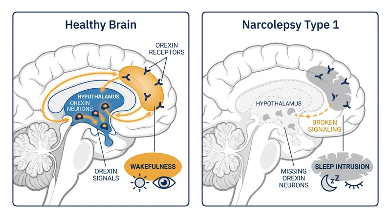 Narcolepsy type 1 is driven by the loss of brain cells that produce orexin, the chemical messenger responsible for stabilizing sleep and wakefulness.