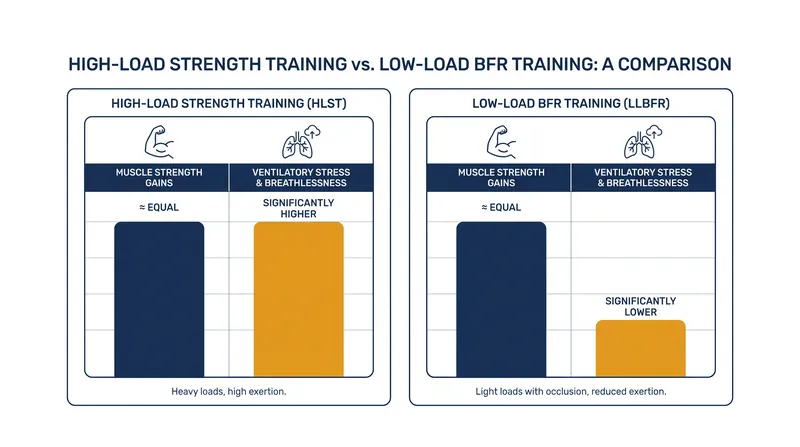 Clinical trials demonstrate that low-load BFR matches the strength gains of heavy lifting while significantly reducing perceived breathlessness.
