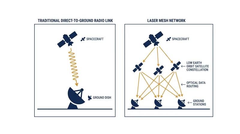 Unlike direct-to-ground radio, the Starlink laser terminals will route data through an interconnected mesh of over 25,000 orbital crosslinks.