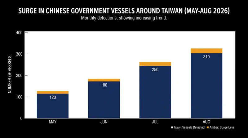 The number of Chinese government vessels detected around Taiwan surged to a record 244 in July 2026.