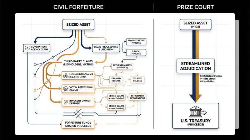 Prize courts theoretically offer a faster path to liquidate seized assets by limiting the intervention of third-party claimants.