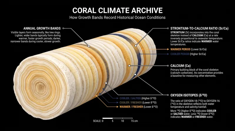 Corals add annual growth bands that lock in the chemical signatures of the surrounding seawater, acting as a natural thermometer.