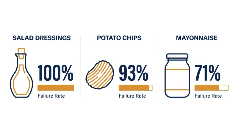Failure rates for authenticity across different categories of processed foods labeled with avocado oil.