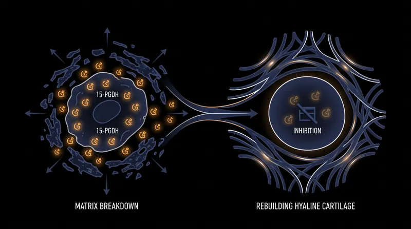 Blocking the 15-PGDH gerozyme reprograms cartilage cells to stop degrading tissue and start rebuilding it.