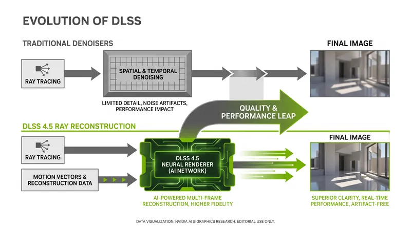 DLSS 4.5 replaces multiple hand-tuned denoisers with a single, unified AI model.